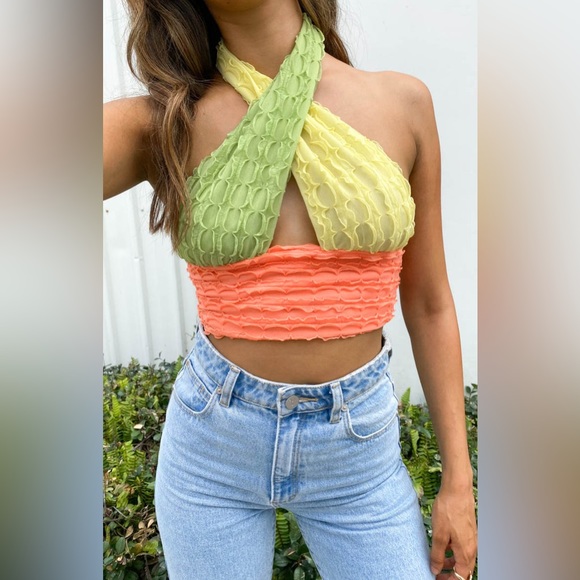 UNBRANDED Colorblock Multicolor 2-Way Versatile Criss Cross Y2K Halter Crop Top - Picture 6 of 14